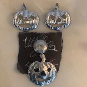 Vintage Tin Handmade Jack-o’-lantern Brooch and Earring Set